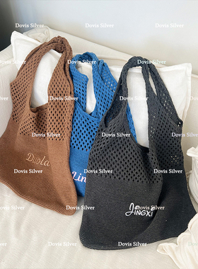 ins同款可定制小众英文刺绣复古针织镂空手工diy秋冬斜挎包单肩包