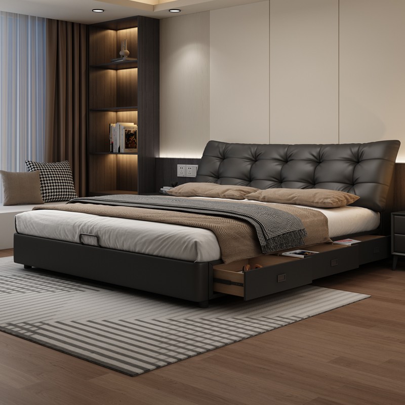 佐慕意式极简多功能床2米x2米主卧室大床轻奢储物实木黑色真皮床