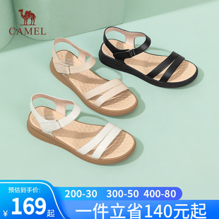 2024夏季 一字带真皮软底妈妈凉鞋 骆驼女鞋 新款 魔术贴厚底凉鞋 女款