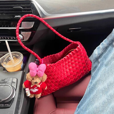 纯手工红色真皮编织包饺子包女高级感小众中古腋下包手提菜篮子包