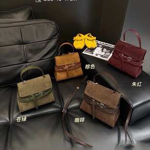 磨砂真皮中古凯莉包女高级感时尚 上班通勤手拎包复古麂皮绒斜挎包