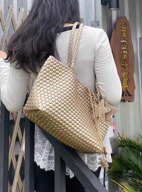 真皮手工编织托特包大容量单肩包