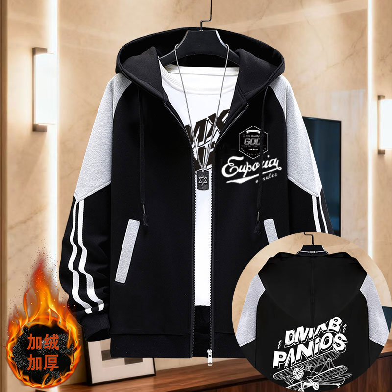 男女生同款开衫连帽卫衣休闲加绒初高中学生帅气运动秋冬款款外套