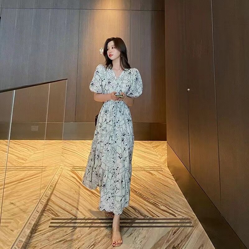 法式初恋碎花桔梗连衣裙女夏季温柔风v领泡泡袖雪纺长裙长裙V领
