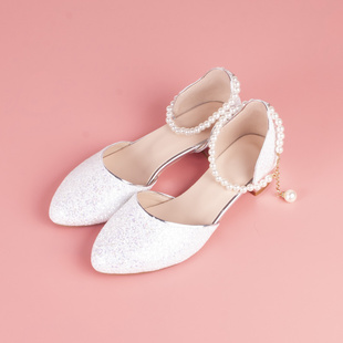 粉色金色舞台演出跳舞鞋 白色伴娘婚礼鞋 甜美淑女串珠中空包头凉鞋