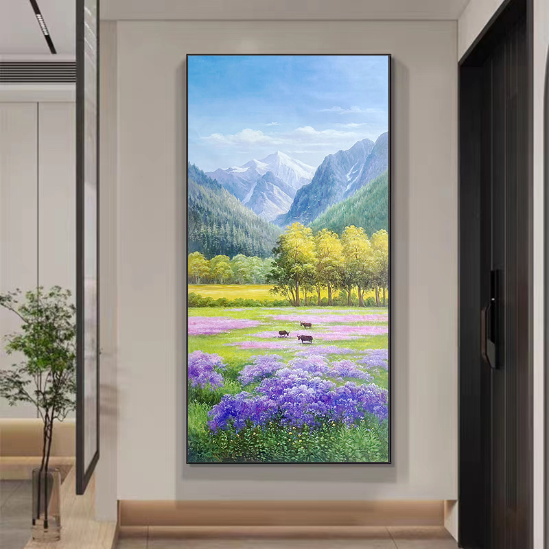 入户玄关装饰画竖版走廊过道挂画风景山水画聚宝盆小鹿纯手绘油画图片