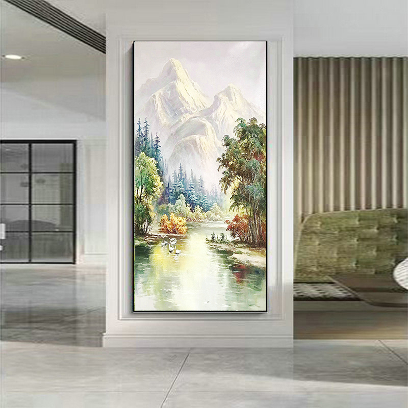 定制手绘油画欧式客厅玄关装饰画走廊竖版挂画轻奢风景山水壁画图片