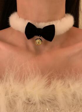 HEY TAO新年款秋冬铃铛蝴蝶结毛绒choker项链女小众高级感毛衣链