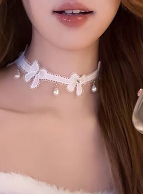 甜美温柔镶钻蝴蝶结项链巴洛克风珍珠吊坠锁骨链项圈颈链choker