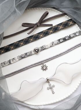 灰色丝绒链项链女颈链颈带十字架choker吊坠锁骨撞色项链项圈