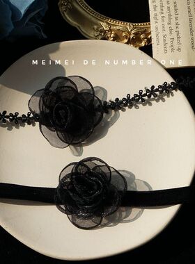 新款项链原创设计黑色丝绒花朵短款锁骨链项链仙气百搭choker颈带