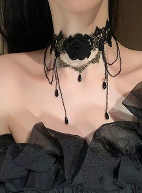 黑色蕾丝脖子配饰装饰项链女项圈流苏吊坠玫瑰花颈带choker暗黑系