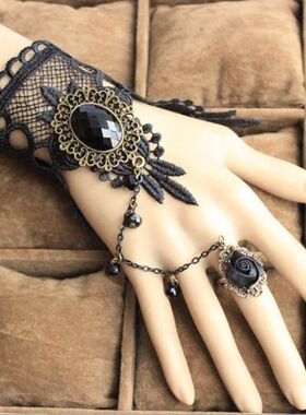 开学季欧美哥特复古手工时尚设计 连戒指一体链蕾丝手链