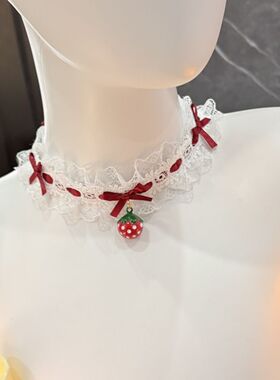 洛丽塔红色蕾丝草莓铃铛项链蝴蝶结项圈蕾丝颈链lolita颈饰甜美