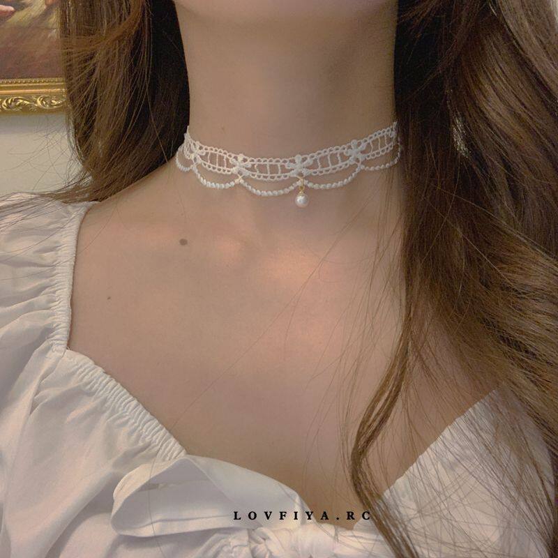 choker项链女白色蕾丝珍珠颈链少女气质项圈颈带超仙锁骨链脖饰