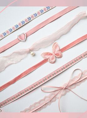 新品饰品少女颈带粉色爱心吊坠颈链Choker项款锁骨链蝴蝶项链