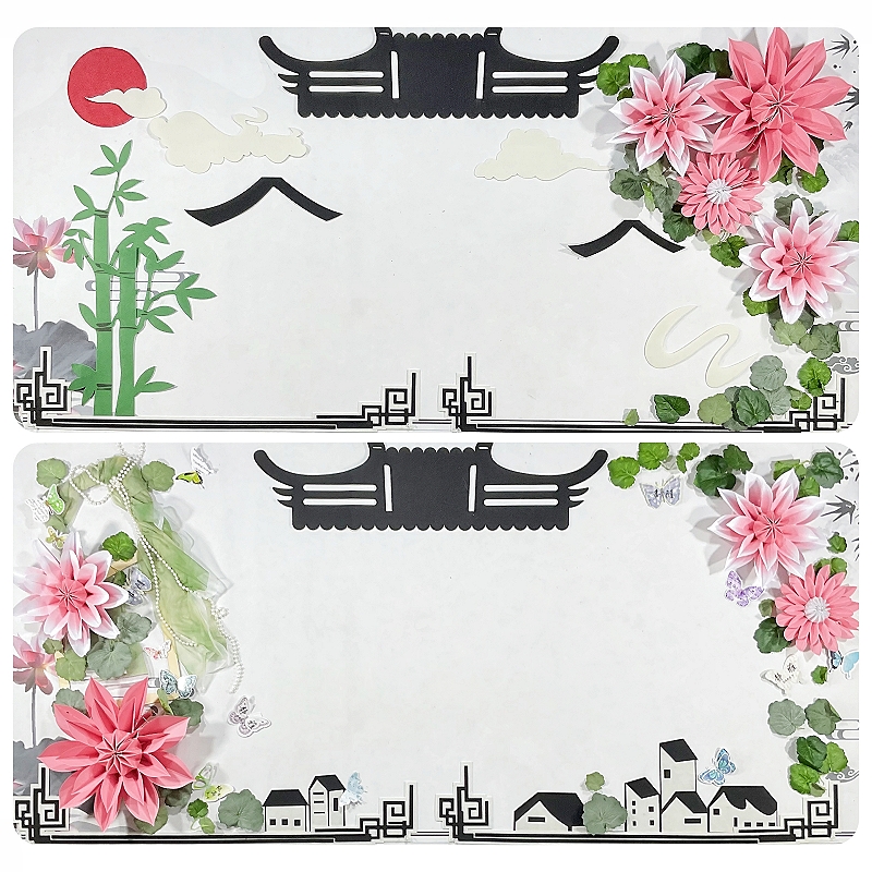 新中式国风水墨屋檐花朵大主题墙