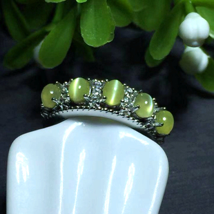 保真s925银镀白金镶嵌天然金绿猫眼宝石戒指排戒活圈口女支持鉴定