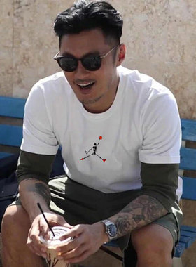 HANDIAN潮牌夏装衣服男青少年恶搞飞人印花运动T恤男宽松短袖大码