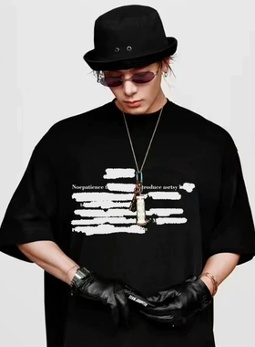 王嘉尔同款黑色t恤潮牌欧美短袖男生夏季新款高街大版宽松上衣服