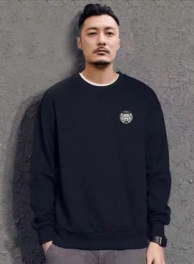 HANDIAN潮牌卫衣男士秋冬款圆领宽松加绒加厚上衣黑色24新款外套