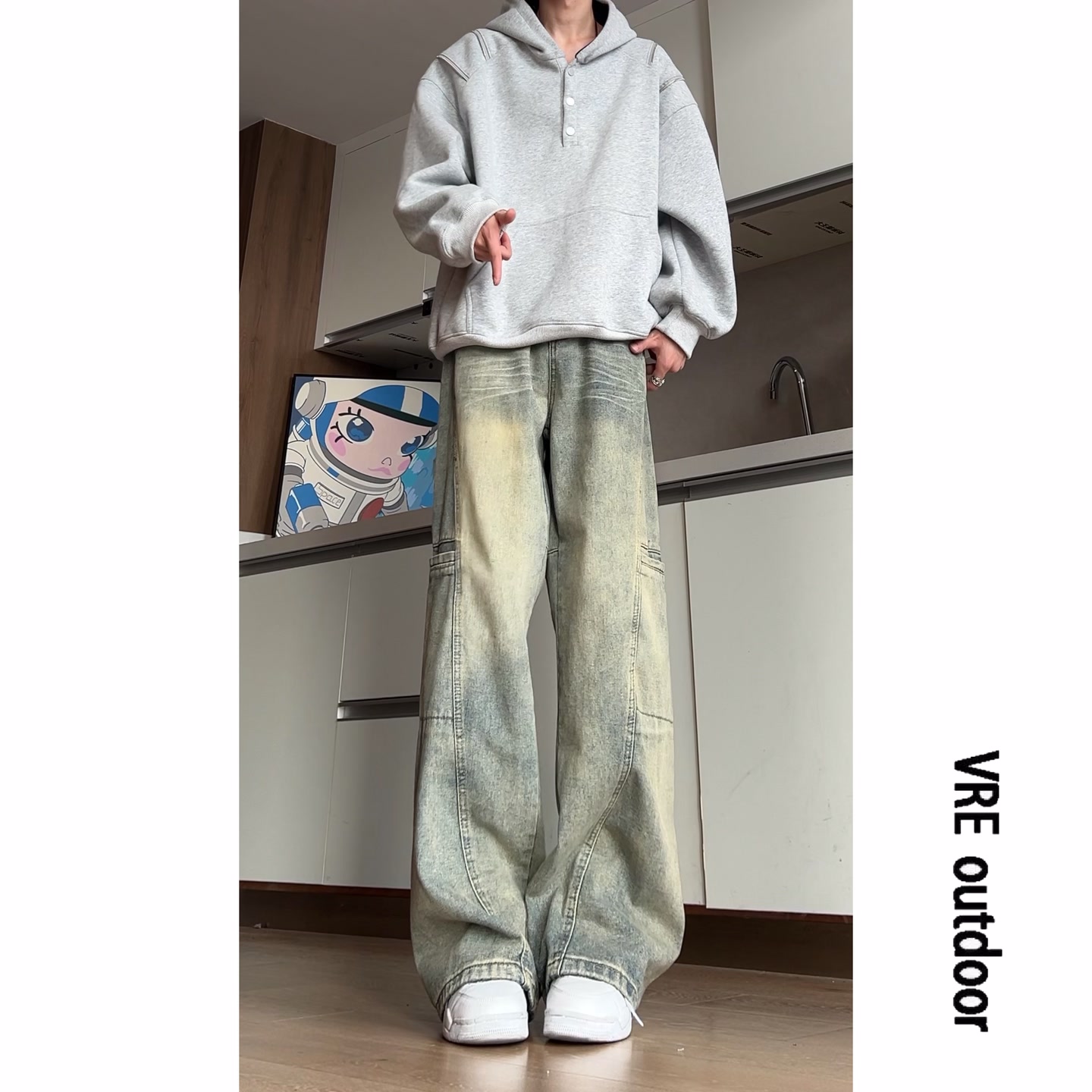 美式新款潮流水洗直筒阔腿工装牛仔裤男女设计感拼接做旧休闲长裤,男装牛仔裤,星座511-1