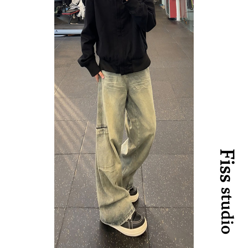 美式新款潮流水洗直筒阔腿工装牛仔裤男女设计感褶皱做旧休闲长裤,男装牛仔裤,星座511-1