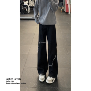 美式潮牌小众设计刺绣黑色牛仔裤男显腿长阔腿裤慵懒复古直筒裤子图片