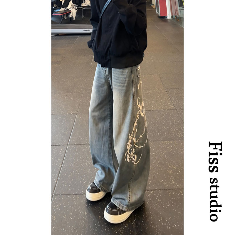 美式街头刺绣弯刀牛仔裤男女高街复古水洗百搭宽松休闲阔腿裤,男装牛仔裤,星座511-1