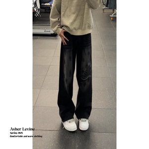 美式复古假破洞牛仔裤男秋季新款cleanfit宽松直筒裤男生百搭裤子图片