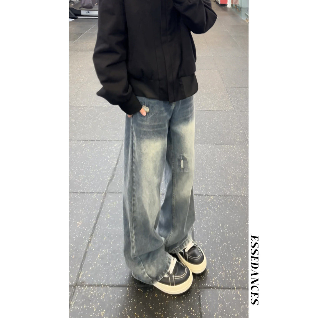 美式设计感破洞牛仔裤男高街做旧水洗vibe宽松直筒裤子,男装牛仔裤,星座511-1