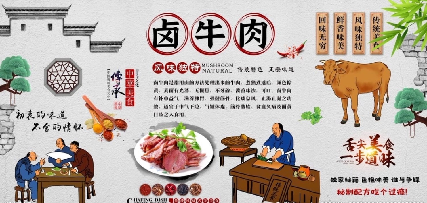 卤味卤菜翘脚牛肉跷脚牛肉卤牛肉背景墙墙布牛头宴广告海报壁画