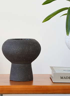 侘寂风陶瓷高脚花盆黑色家居客厅花器软装样板房民宿餐桌花器摆件