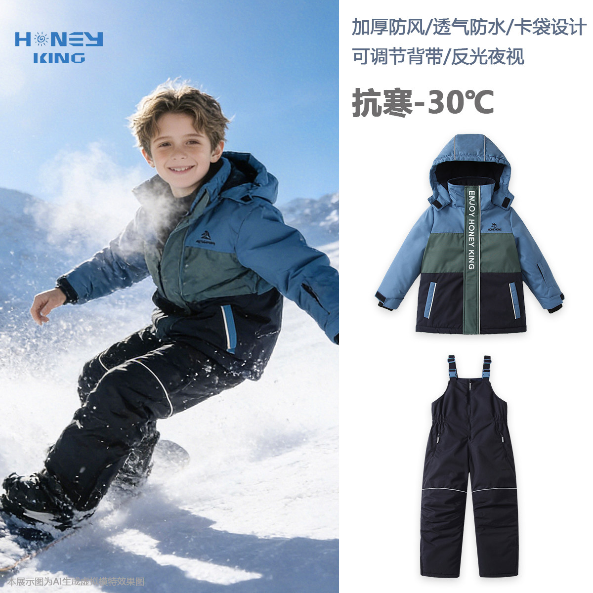 honeyking儿童滑雪服套装加厚保暖防水连帽外套背带裤滑雪裤雪服,童装/婴儿装/亲子装,儿童滑雪服,淘宝优惠券,粉丝福利购,淘宝优惠卷
