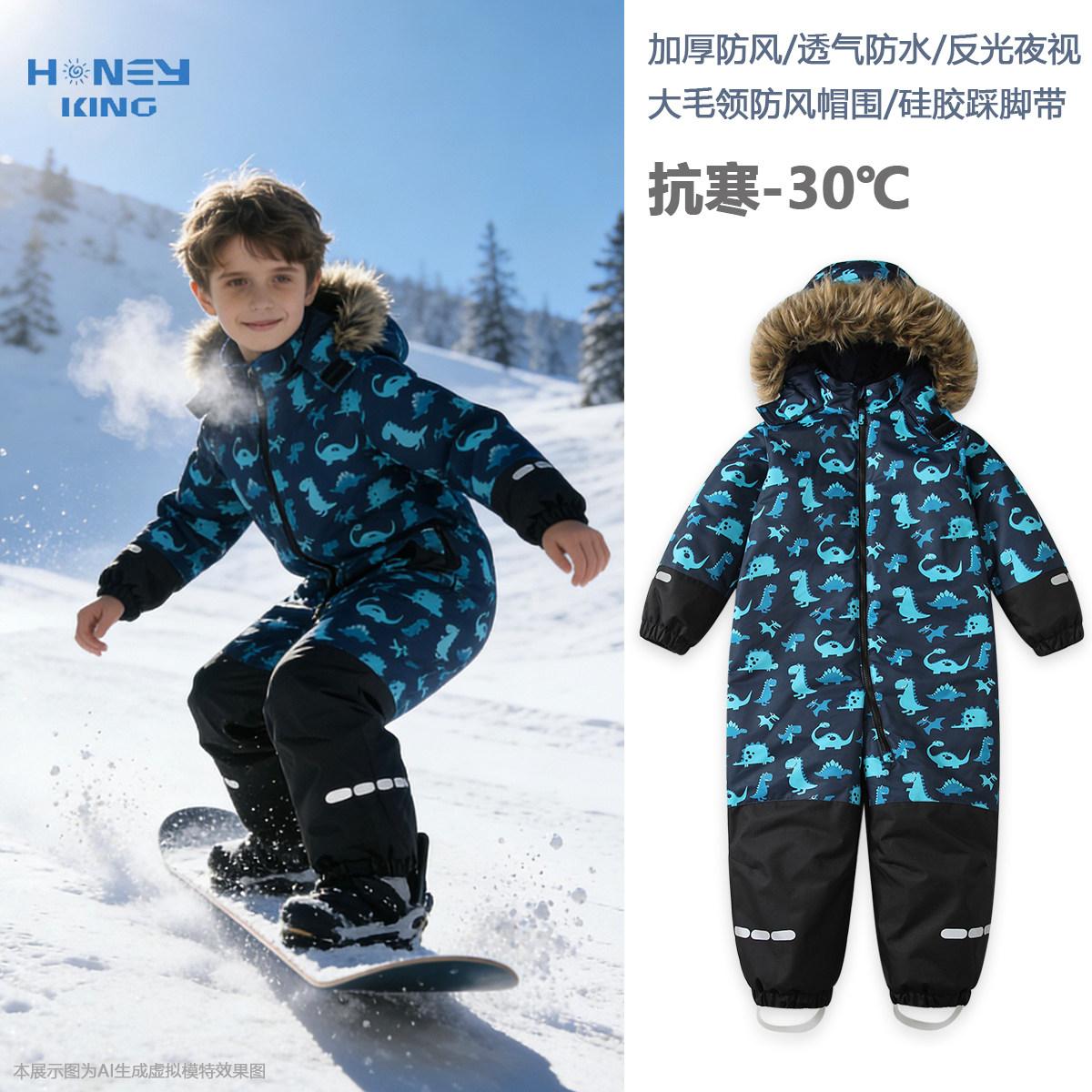honeyking儿童滑雪服连体男童女童宝宝加厚保暖防水防风连帽外套