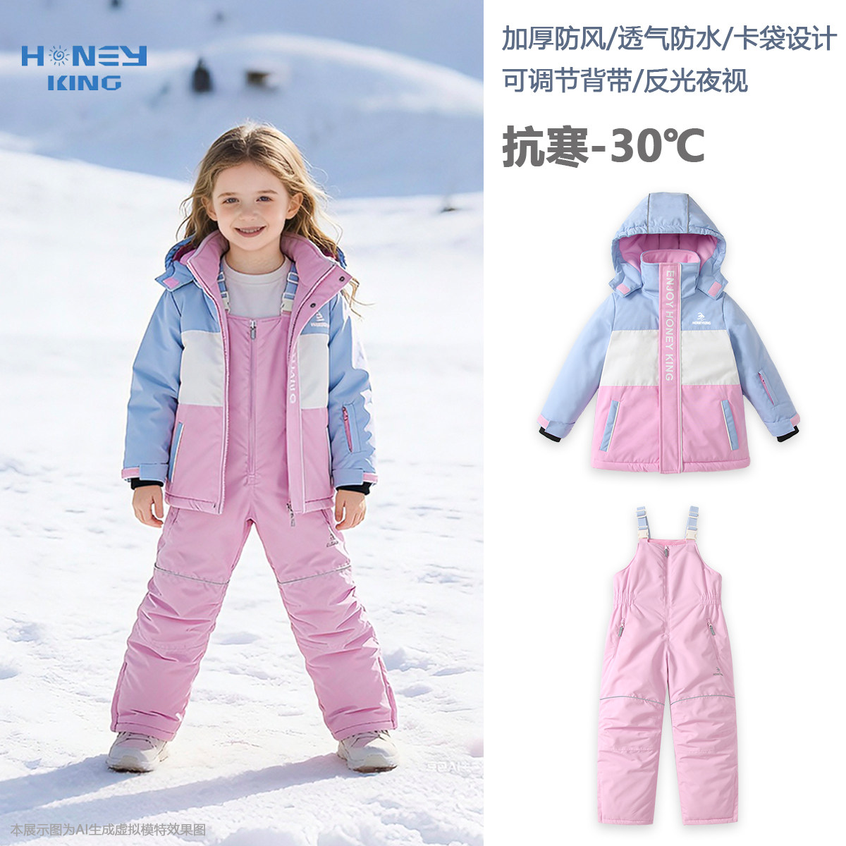 honeyking儿童滑雪服套装加厚保暖防水连帽外套背带裤滑雪裤雪服,童装/婴儿装/亲子装,儿童滑雪服,淘宝优惠券,粉丝福利购,淘宝优惠卷