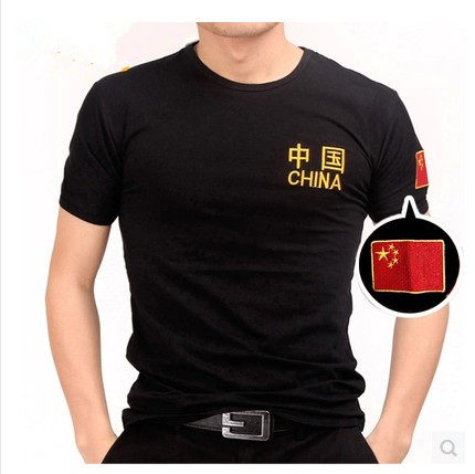 刺绣爱国中国男作训服无字国旗弹力短袖t恤 体能特种兵训练t恤