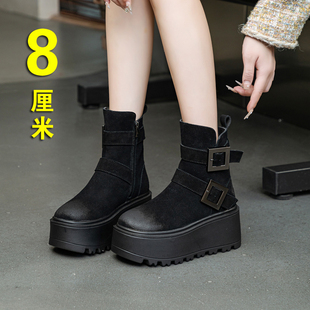 卡其色靴子女厚底小个子翻毛皮早秋短靴松糕磨砂皮马丁靴8cm增高