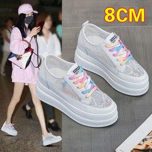 夏季透气内增高女鞋2025年新款真皮33码鞋子女厚底网面薄款小白鞋