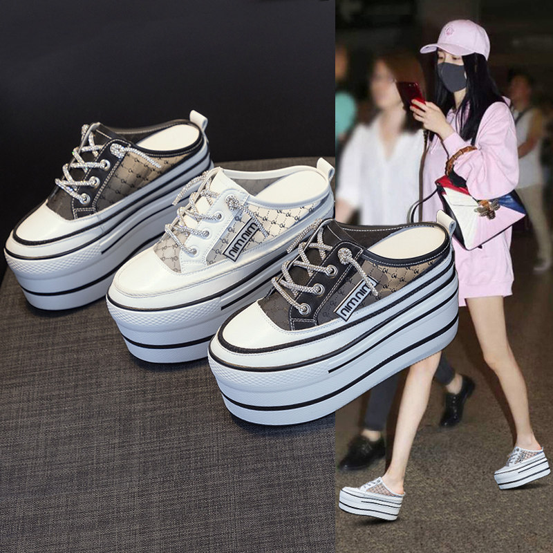 松糕包头半拖鞋女网纱透气一脚蹬半包头单鞋10cm厚底无后跟懒人鞋