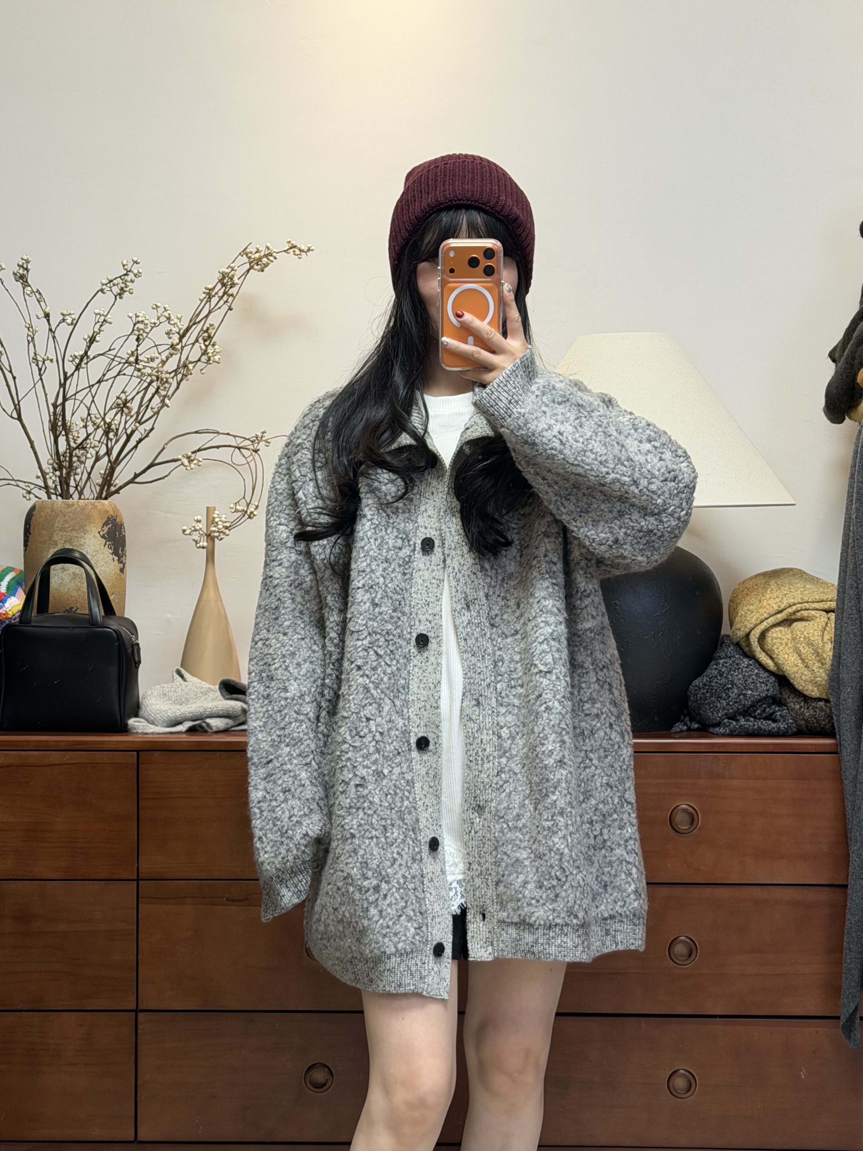 妍西家 Second 2nd25冬款101726时尚灰色立领排扣宽松羊毛开衫女