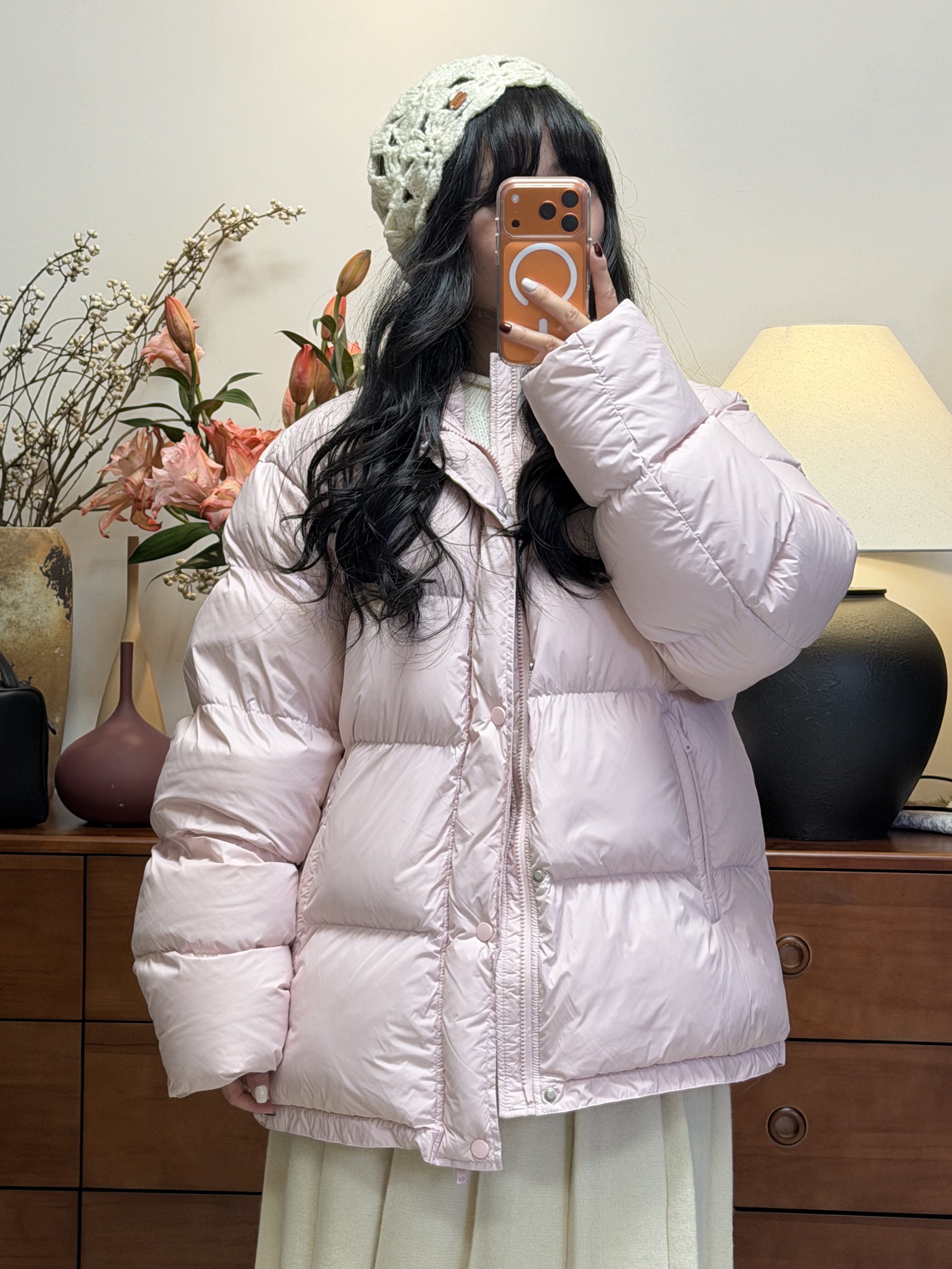 妍西家 25冬款J1030时尚气质粉色立领围巾排扣宽松羽绒服外套女