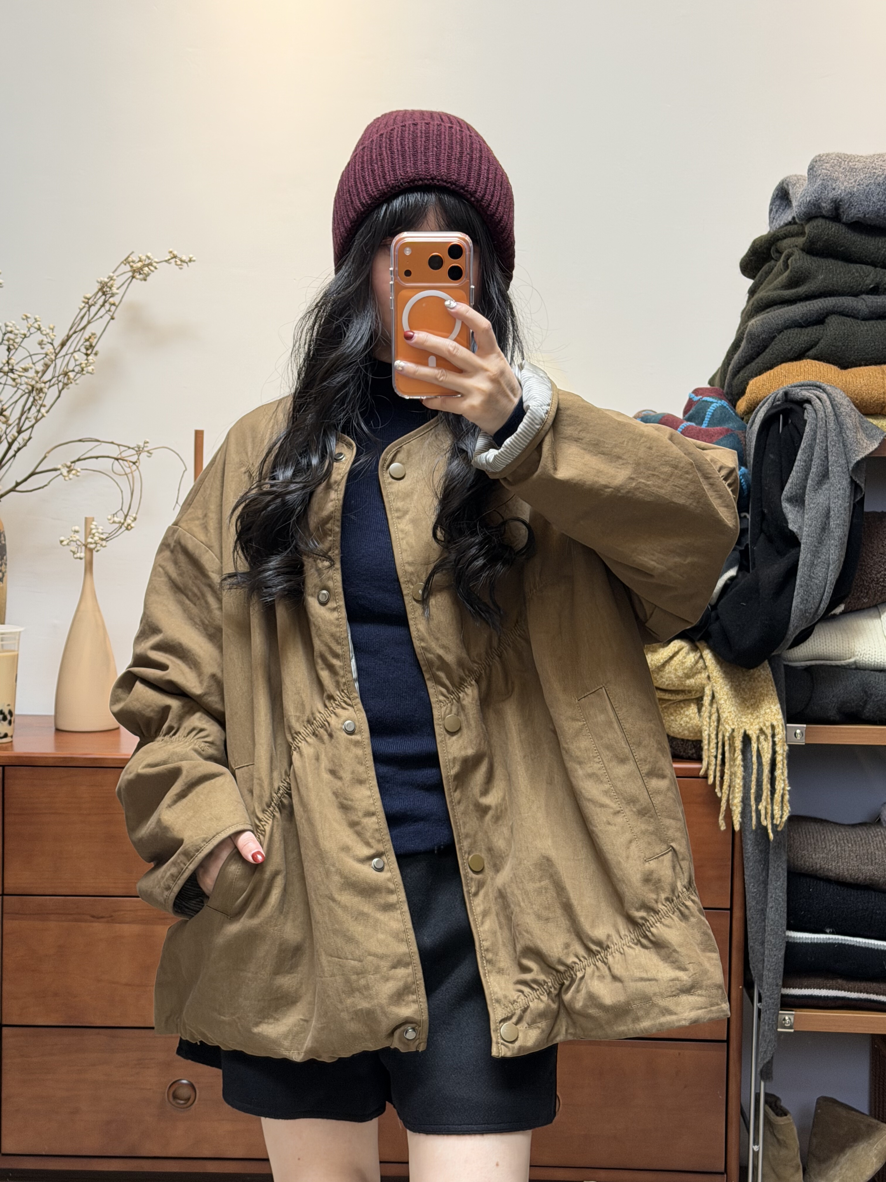 妍西家 妍西家 Second  2nd冬款时尚咖圆领褶皱口袋宽松棉服外套