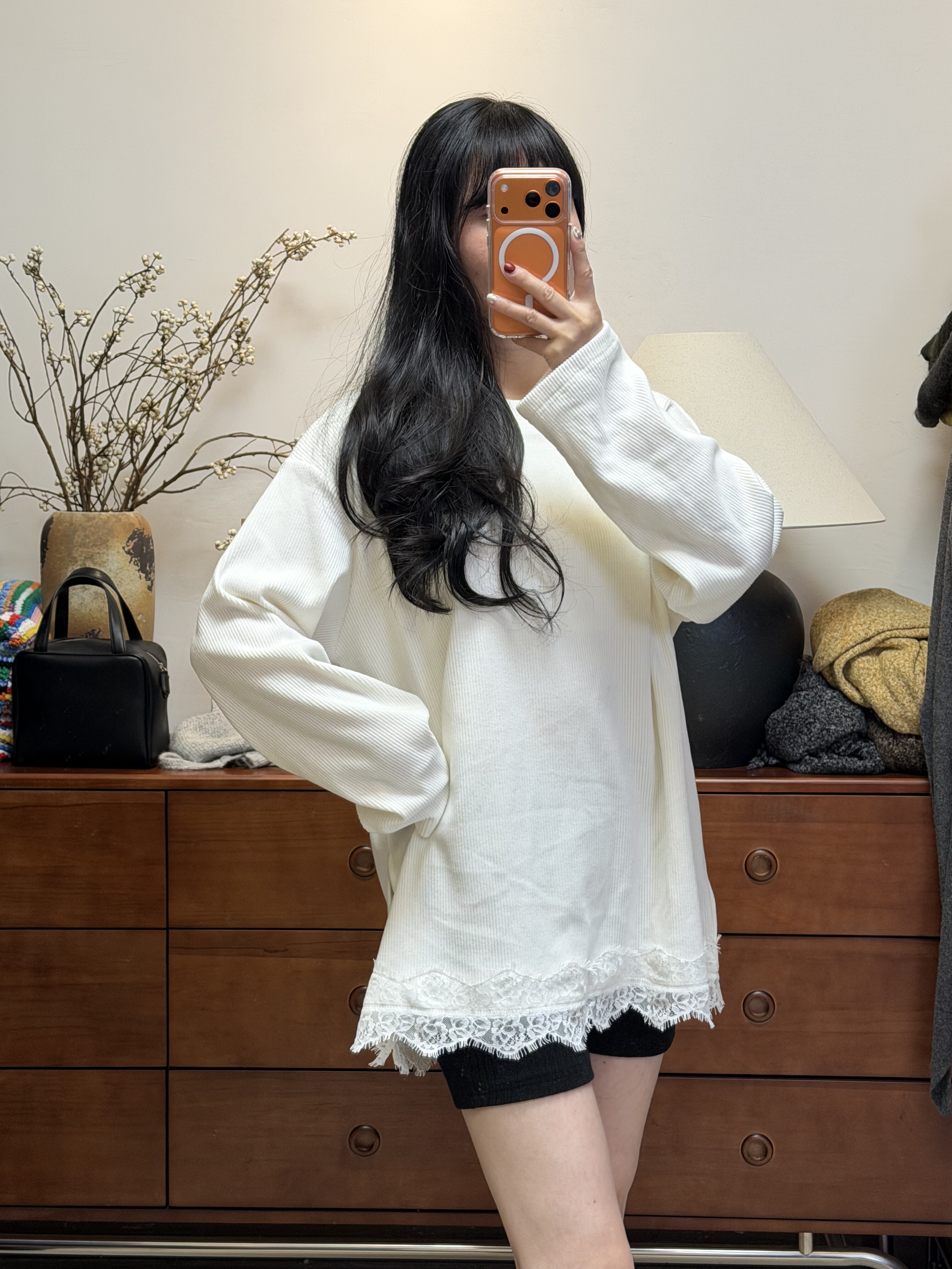 妍西家 Second  2nd冬款时尚百搭白色圆领拼接蕾丝开叉花边针织衫