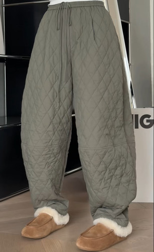 妍西家 诗歌兰女装25冬款86971时尚气质军绿色松紧腰菱形格休闲裤