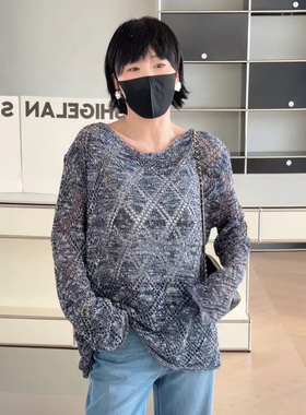 妍西家 诗歌兰女装26早春新款35157百搭气质蓝色镂空圆领针织衫女