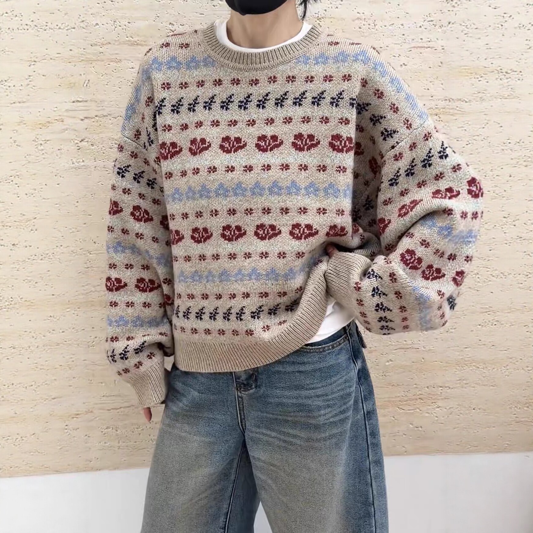 妍西家 诗歌兰女装26秋冬款26089时尚复古花色圆领羊毛针织衫毛衣