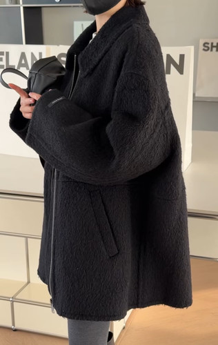 妍西家 诗歌兰女装25冬款247172时尚黑色翻领拉链双面羊绒外套女