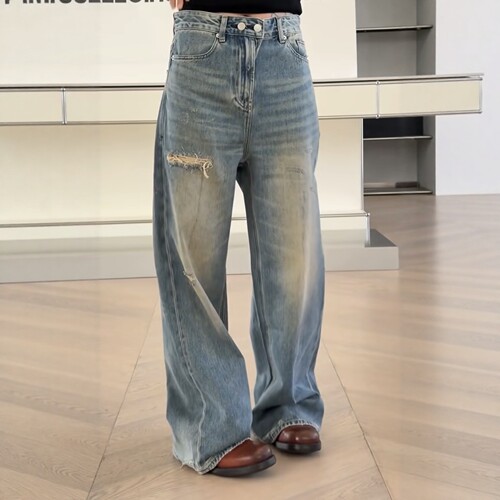 妍西家 诗歌兰女装26秋款欧货Z1330时尚蓝色破洞直筒牛仔裤复古