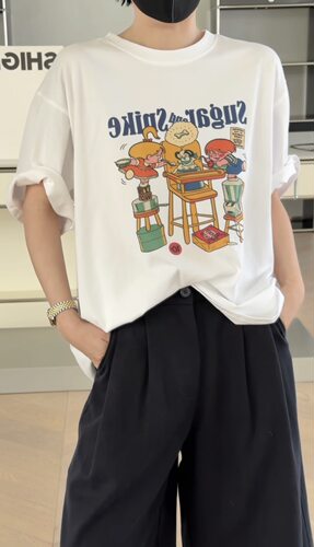 妍西家 诗歌兰女装26早秋款2281时尚圆领卡通印花短袖T恤百搭宽松